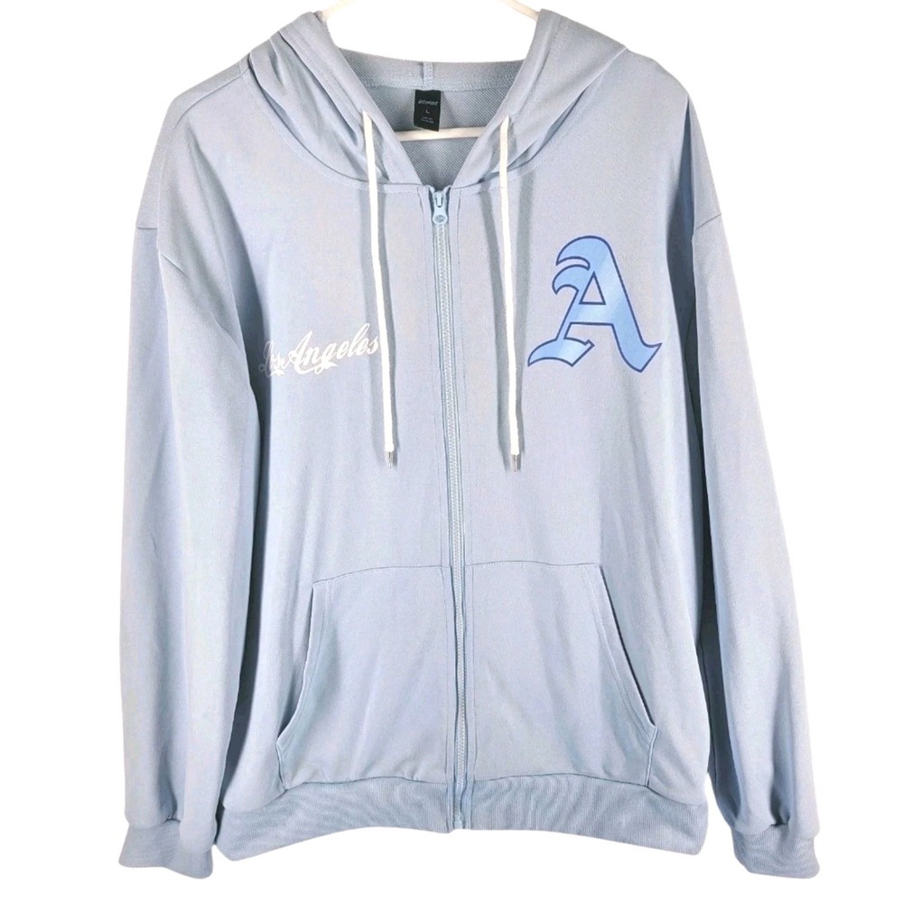 ROMWE Prep Men Letter Graphic Drawstring‎ Hoodie L Baby Blue Streetwear Casual